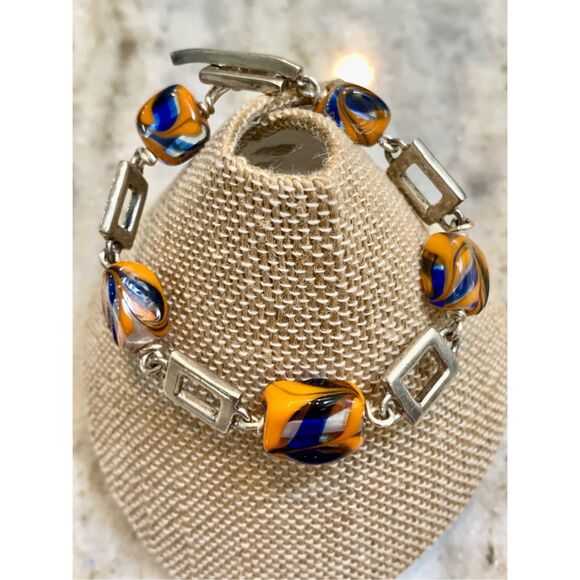 Handmade Glass Orange Blue Glass Bead Bracelet #vintage #handmade - Picture 1 of 3